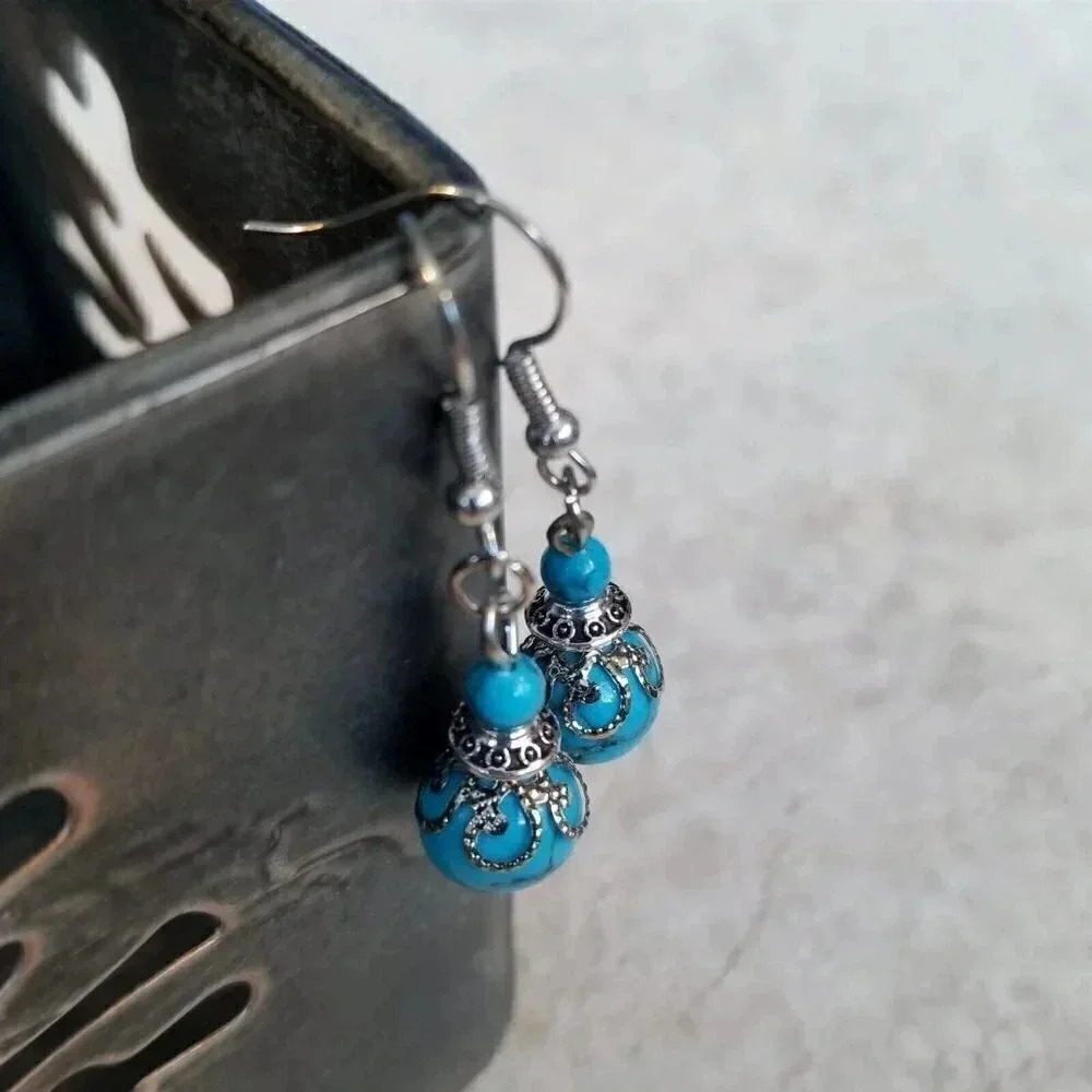 Handmade Turquoise Victorian Lace Art Nouveau Gemstone Bead Drop Earrings - Picture 7 of 7